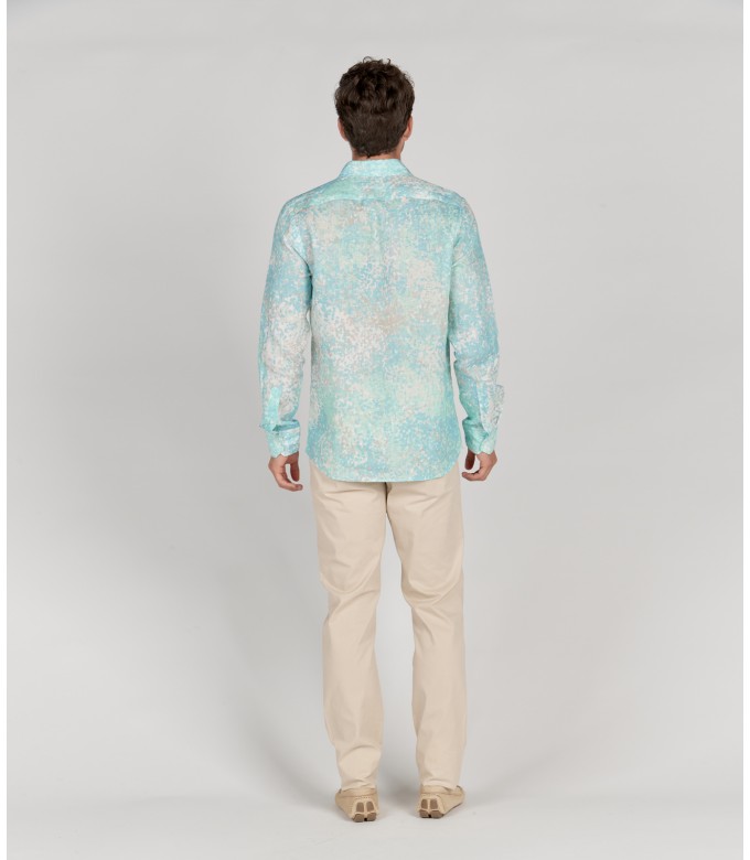 EMILIO - Chemise lin imprime original aqua