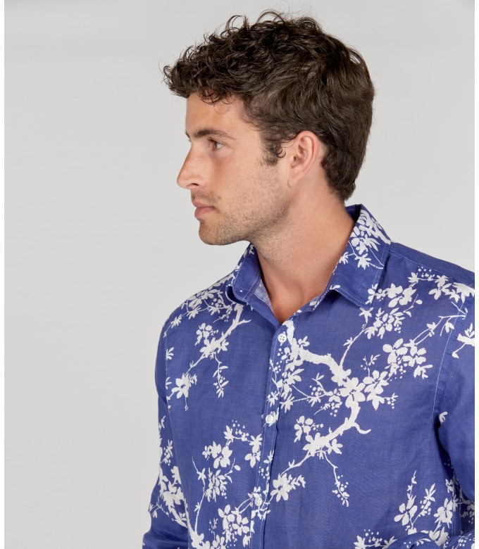 HIRIO - Chemise coton imprimé japonais indigo