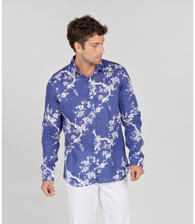 HIRIO - Chemise coton imprimé japonais indigo