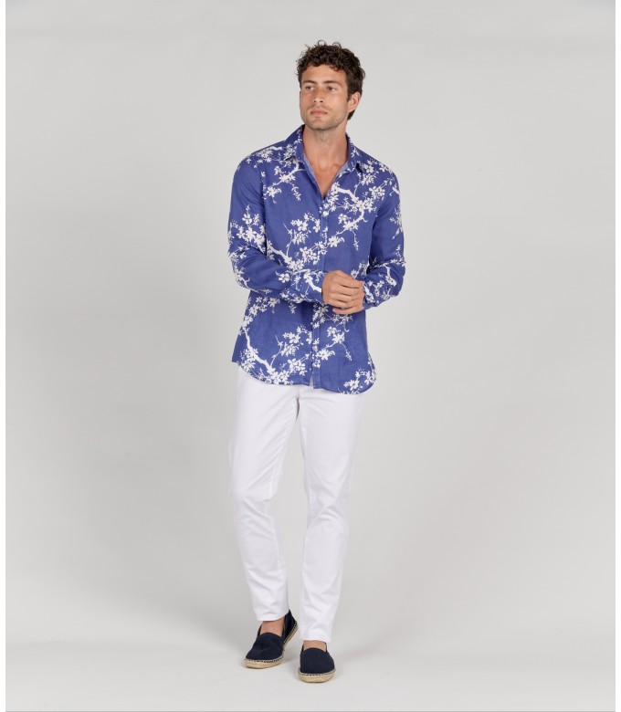 HIRIO - Chemise coton imprimé japonais indigo