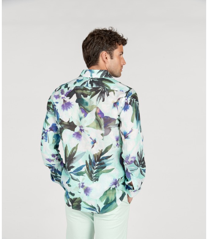 LENNY - Chemise lin imprimé floral aqua