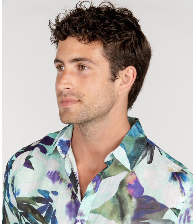LENNY - Chemise lin imprimé floral aqua