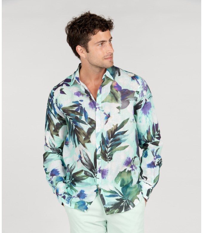 LENNY - Aqua floral print linen shirt