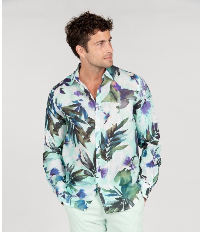LENNY - Chemise lin imprimé floral aqua
