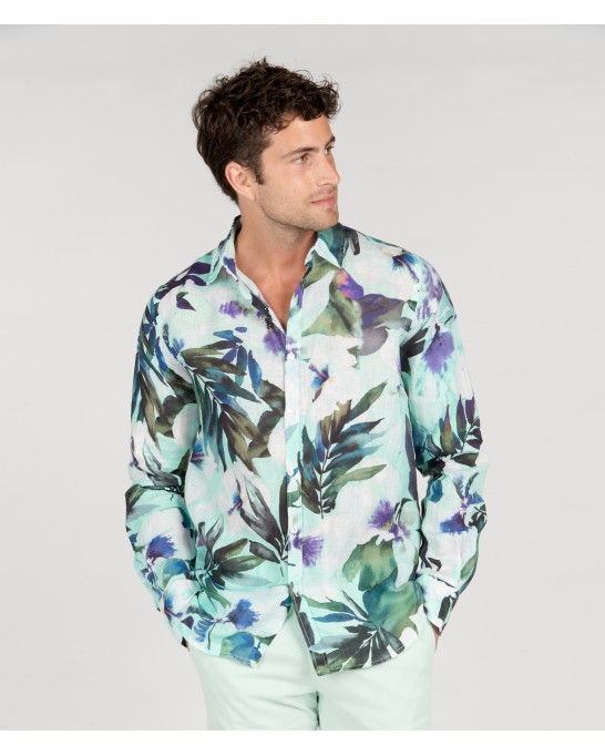 LENNY - Aqua floral print linen shirt