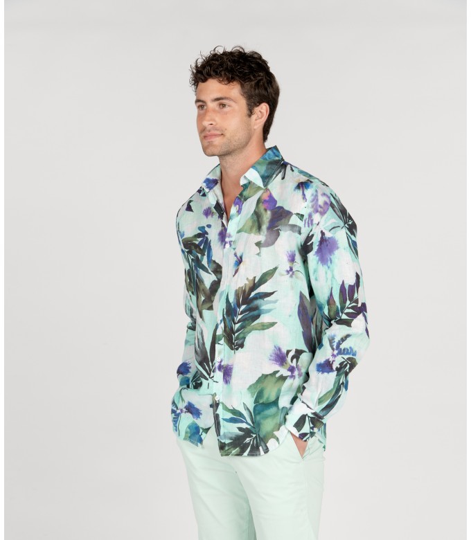 LENNY - Chemise lin imprimé floral aqua