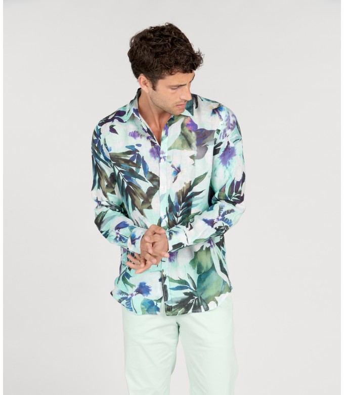 LENNY - Chemise lin imprimé floral aqua