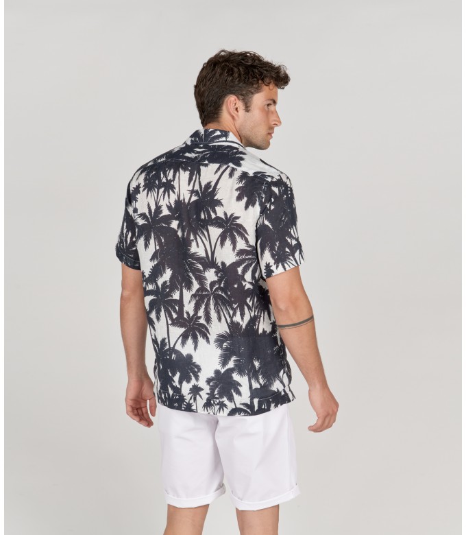 MARCUS - chemise manches courtes en lin imprimé palmiers blanc