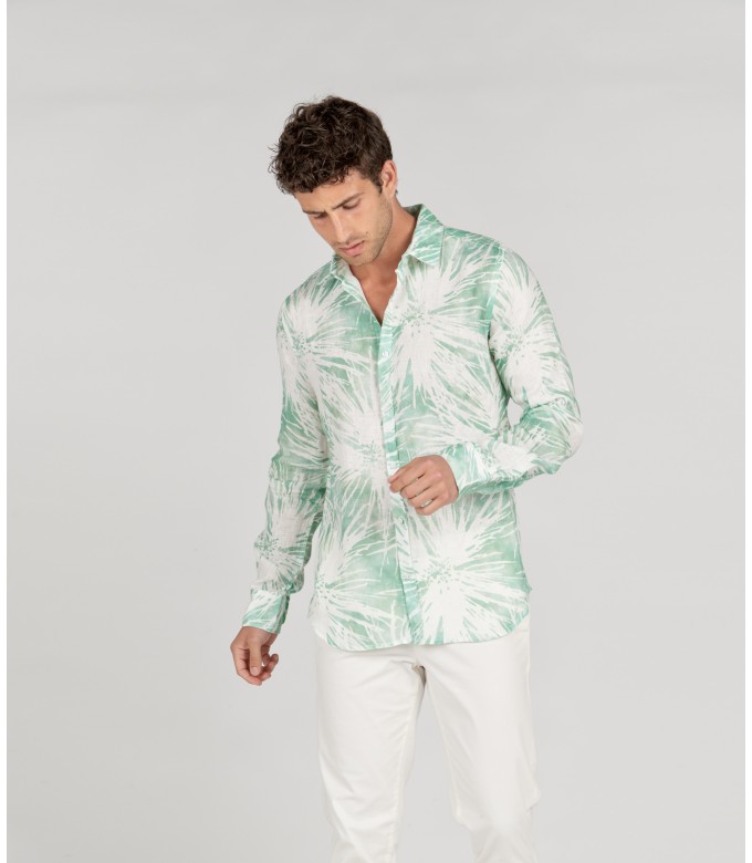 MYLAN - Chemise en lin imprimé fleurie aqua