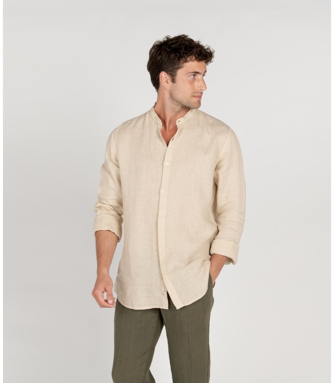 STAN - Plain linen shirt with mao collar beige