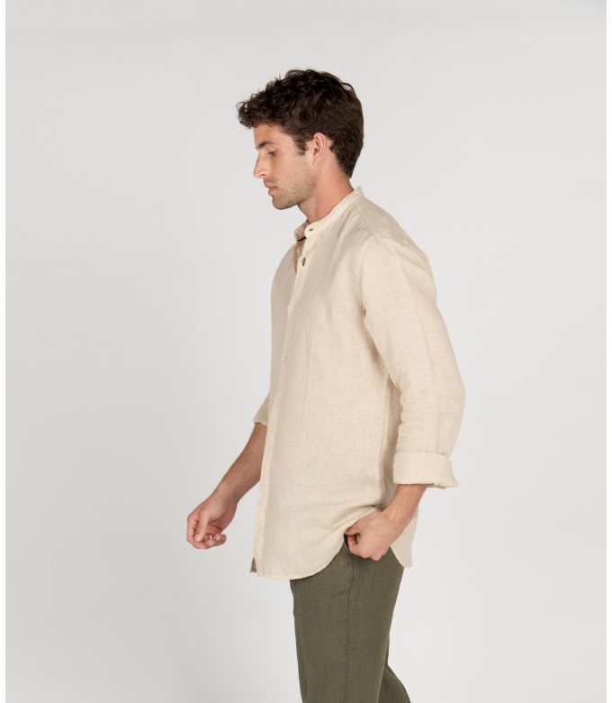 STAN - Plain linen shirt with mao collar beige