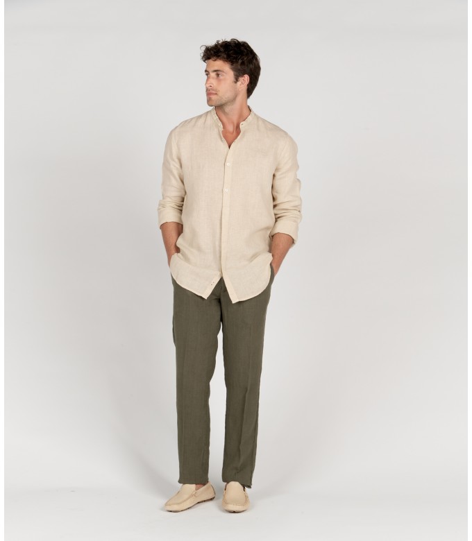 STAN - Plain linen shirt with mao collar beige