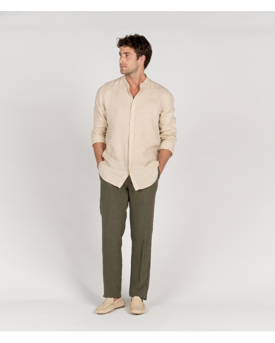 STAN - Plain linen shirt with mao collar beige