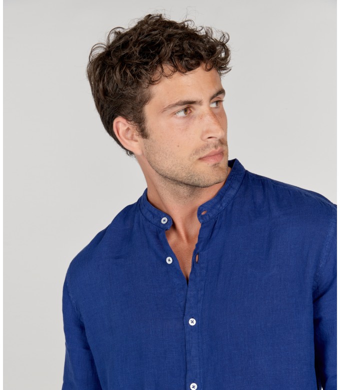 STAN - Plain linen shirt with mao collar indigo