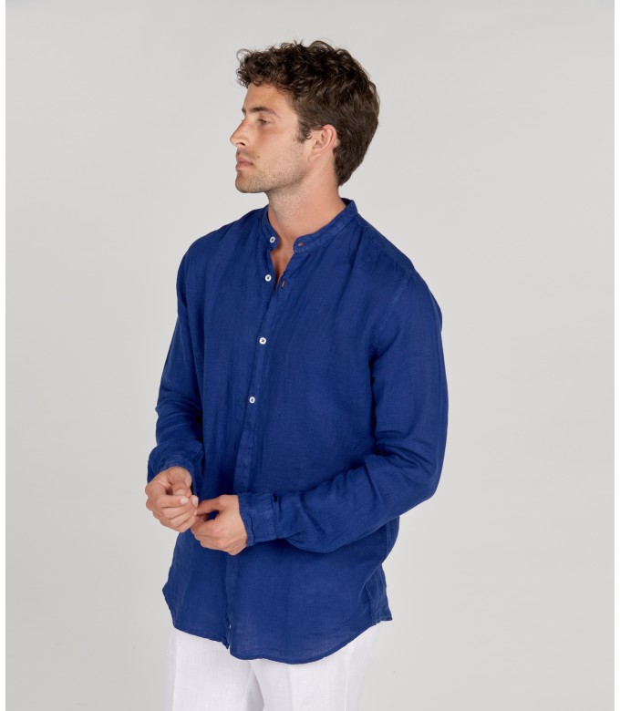 STAN - Plain linen shirt with mao collar indigo