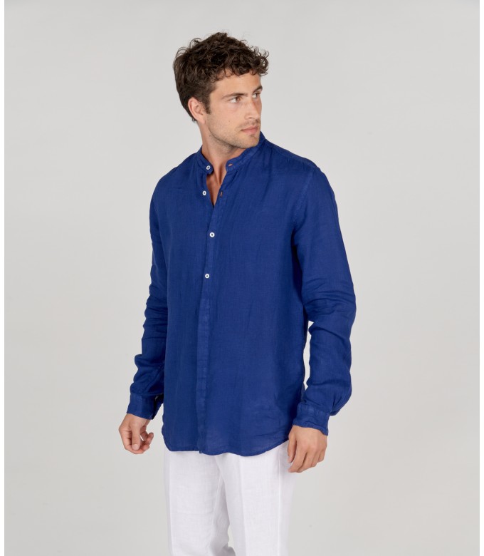 STAN - Plain linen shirt with mao collar indigo