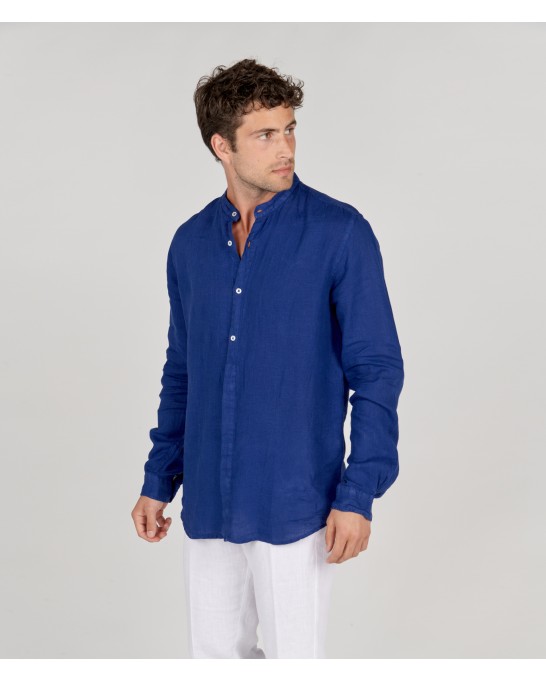 STAN - Plain linen shirt with mao collar indigo