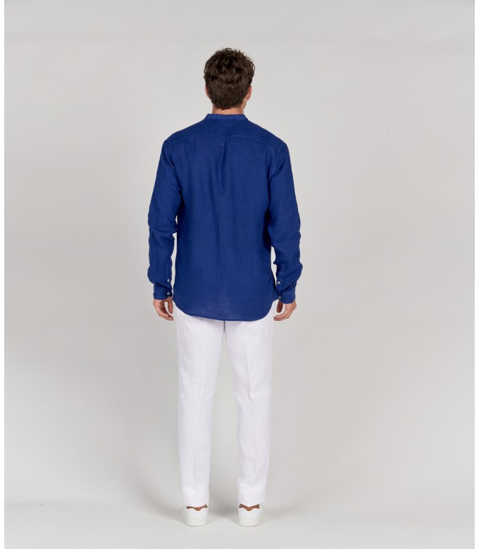 STAN - Plain linen shirt with mao collar indigo