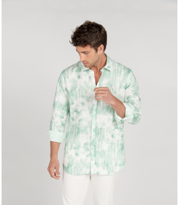 TERRY - Tye & diy aqua print linen shirt
