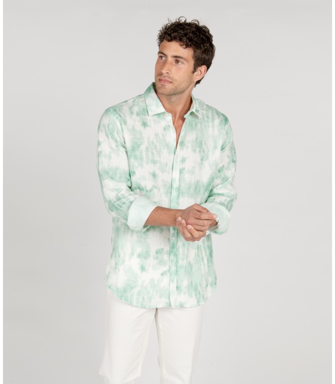 TERRY - Tye & diy aqua print linen shirt
