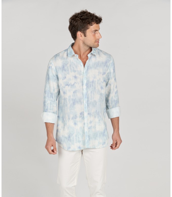 TERRY - Tye & diy sky blue print linen shirt