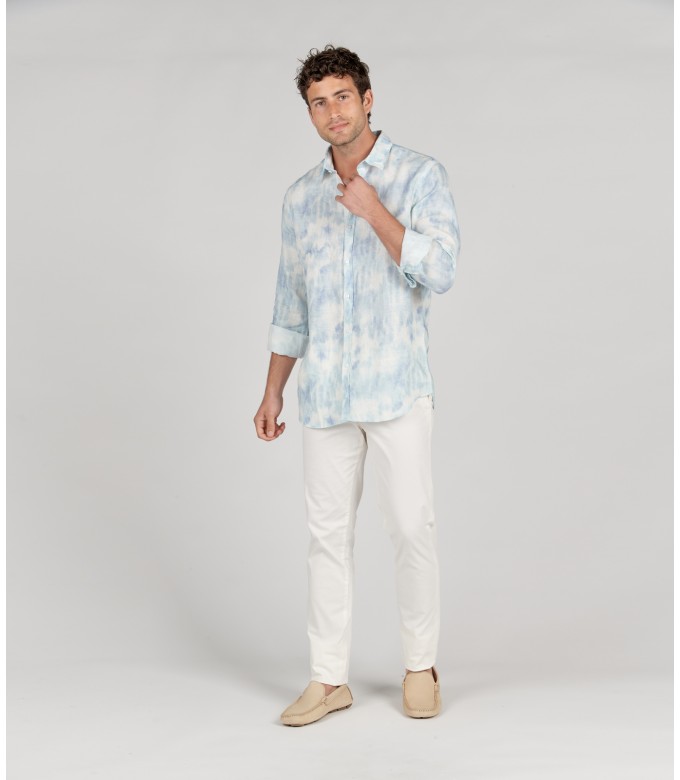 TERRY - Tye & diy sky blue print linen shirt