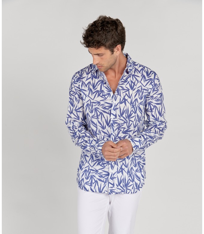 YOKO - White bamboo print linen shirt