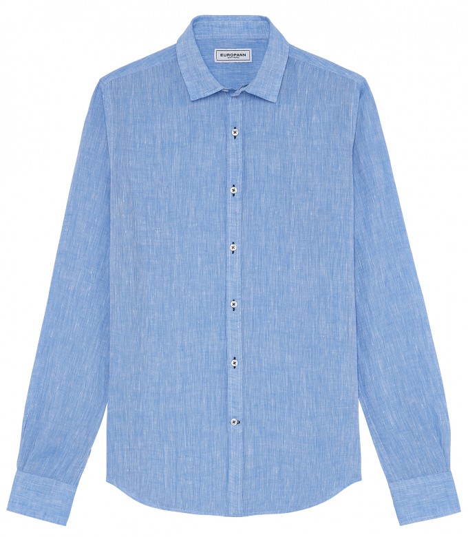 JONAS - Chemise unie lin chiné, bleue