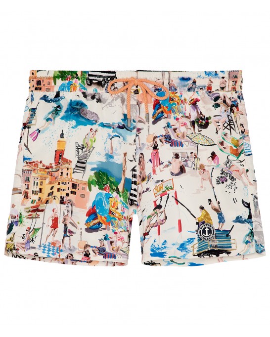 SUMMER - Short de bain imprimé peinture de St Tropez écru