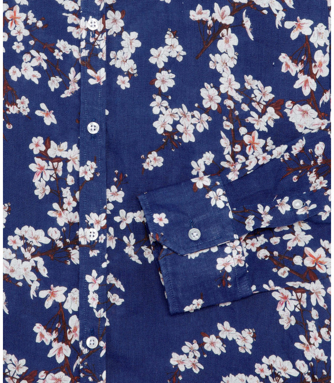 CIRO - Chemise lin imprimé motif fleur japonaise indigo