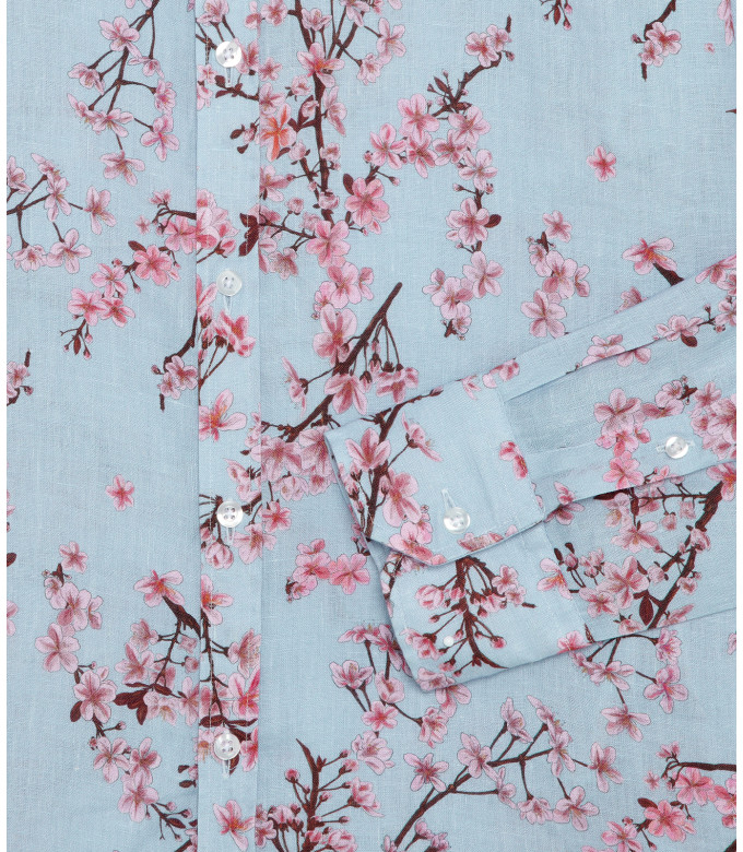 CIRO - Chemise lin imprimé motif fleur japonaise ciel