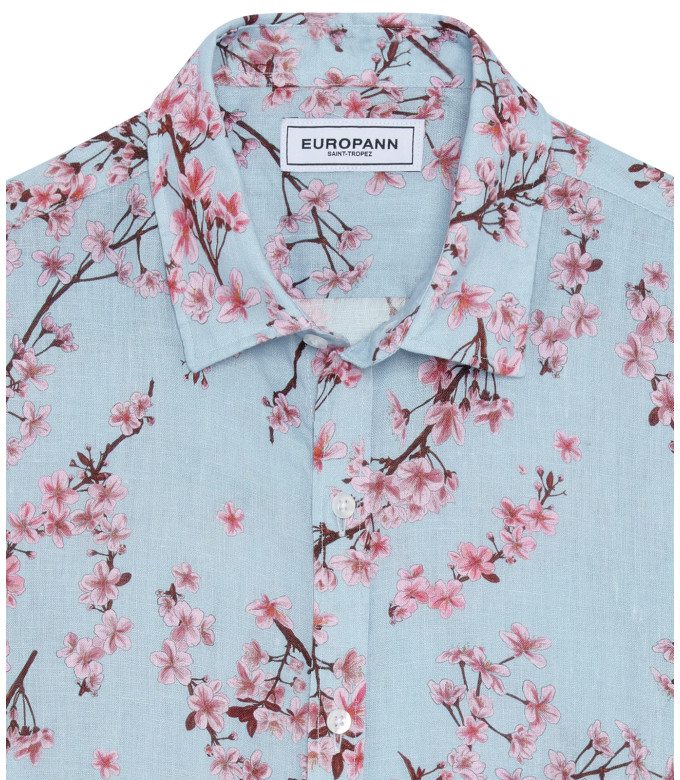 CIRO - Chemise lin imprimé motif fleur japonaise ciel