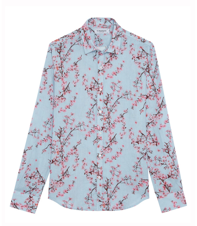 CIRO - Chemise lin imprimé motif fleur japonaise ciel