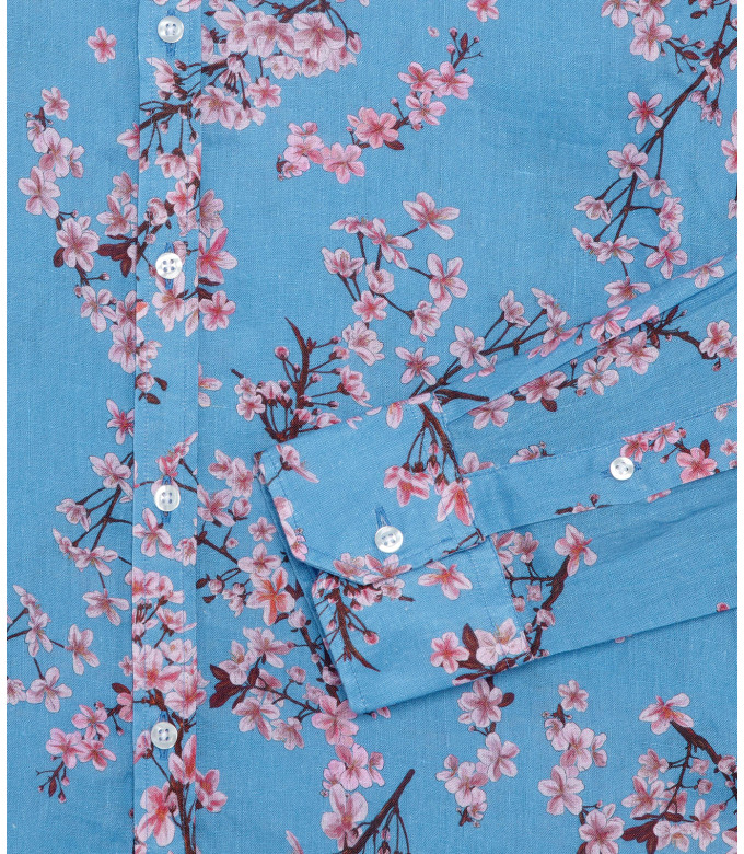 CIRO - Chemise lin imprimé motif fleur japonaise ocean