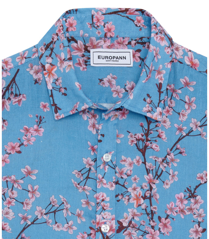 CIRO - Chemise lin imprimé motif fleur japonaise ocean