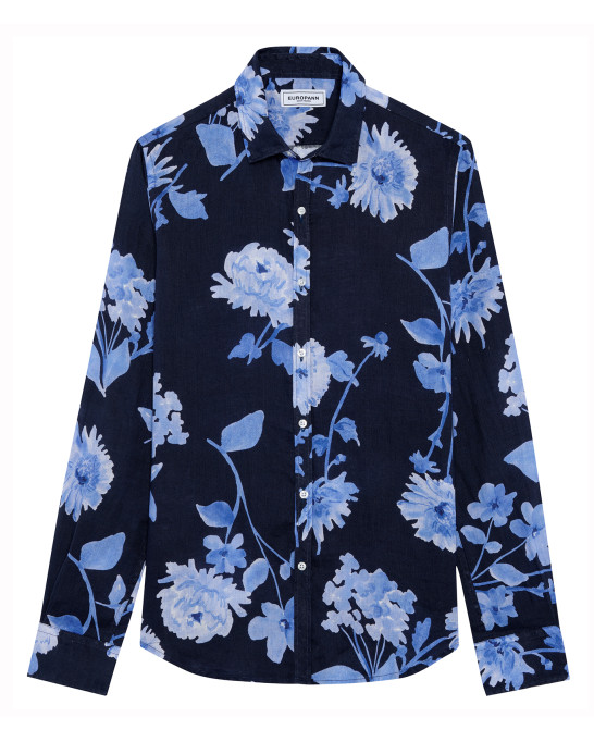 ELIAS - Chemise en lin imprimé fleur bleuet