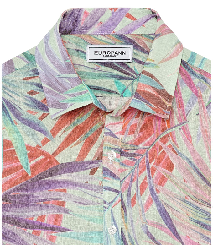 KANYE  - Chemise en lin imprimé fleurie aqua