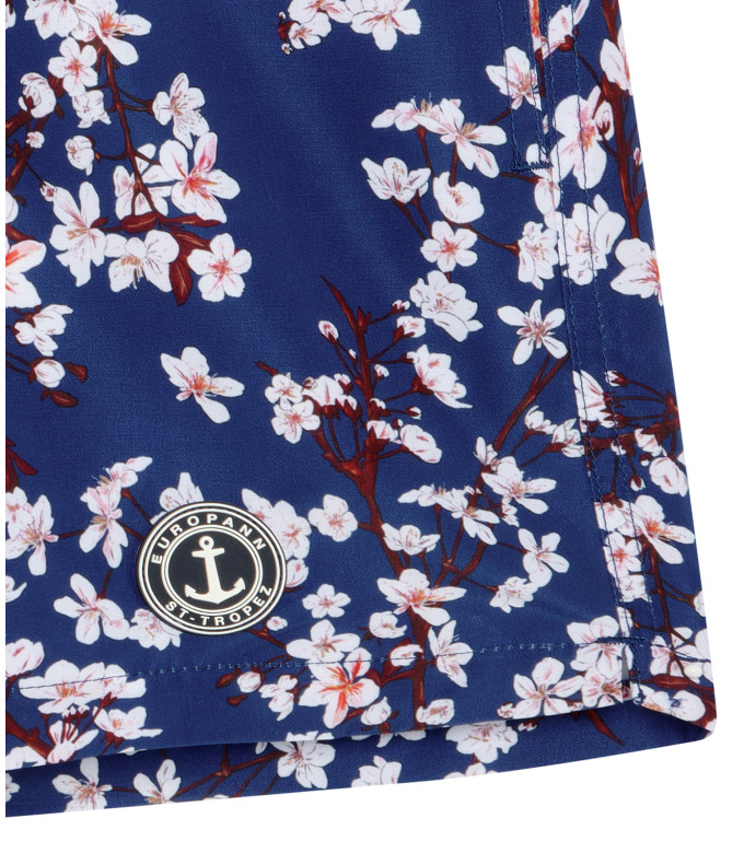 THEO  Short de bain imprimé motif fleur japonaise indigo
