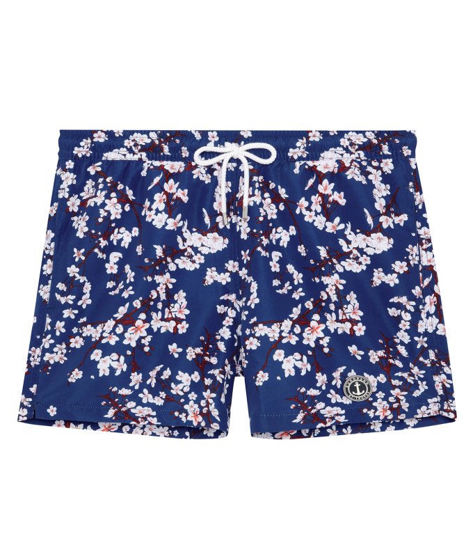 THEO  Short de bain imprimé motif fleur japonaise indigo