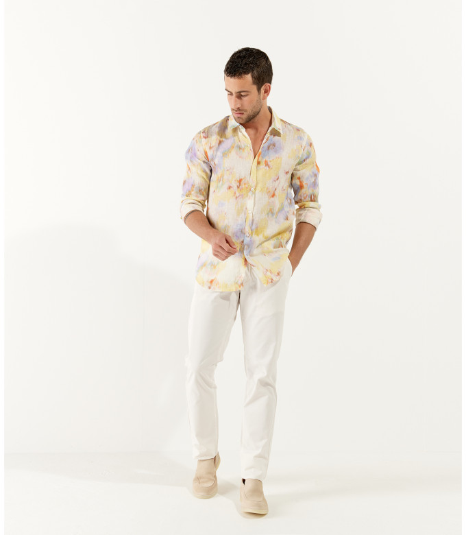 ADRIAN - Printed linen shirt with yellow floral motifs
