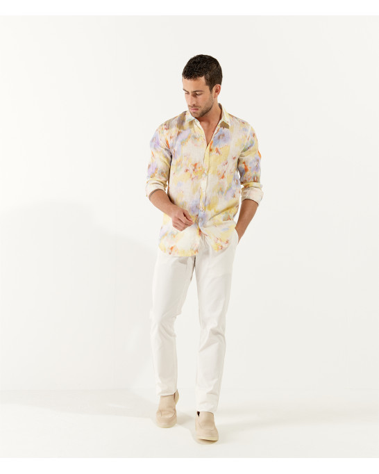 ADRIAN - Printed linen shirt with yellow floral motifs
