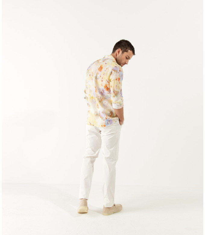 ADRIAN - Printed linen shirt with yellow floral motifs