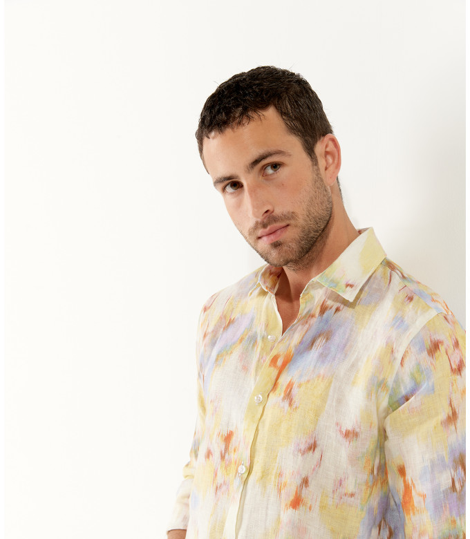 ADRIAN - Printed linen shirt with yellow floral motifs