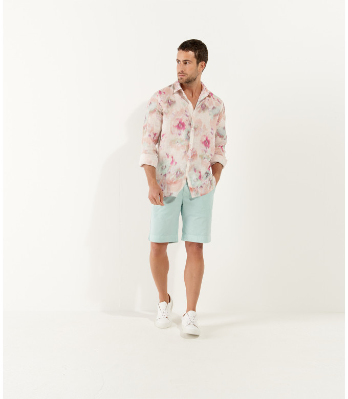 ADRIAN - Printed linen shirt with pink floral motifs