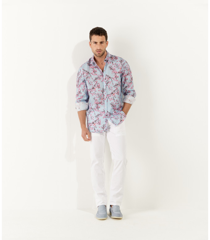 CIRO - Chemise lin imprimé motif fleur japonaise ciel