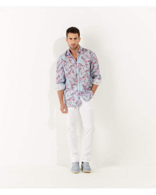 CIRO - Sky Japanese flower print linen shirt