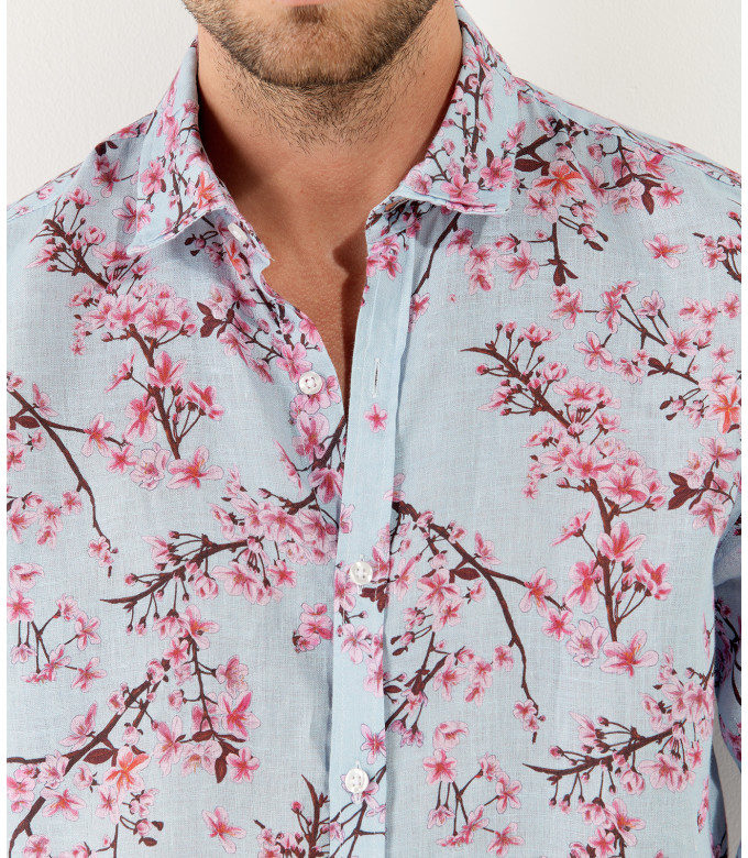CIRO - Chemise lin imprimé motif fleur japonaise ciel
