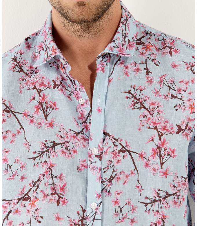 CIRO - Sky Japanese flower print linen shirt