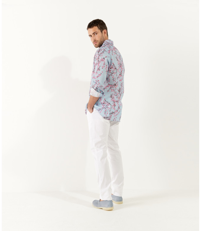 CIRO - Chemise lin imprimé motif fleur japonaise ciel