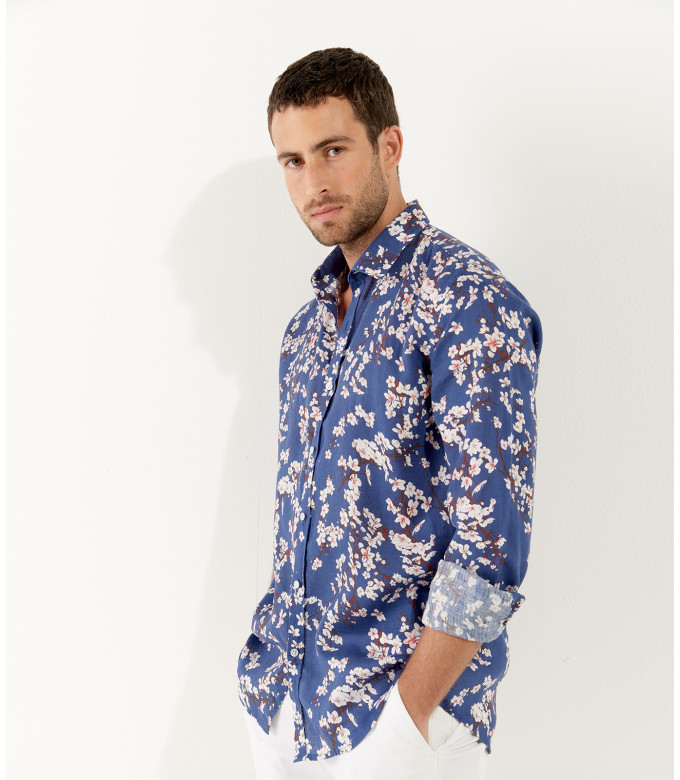 CIRO - Chemise lin imprimé motif fleur japonaise indigo